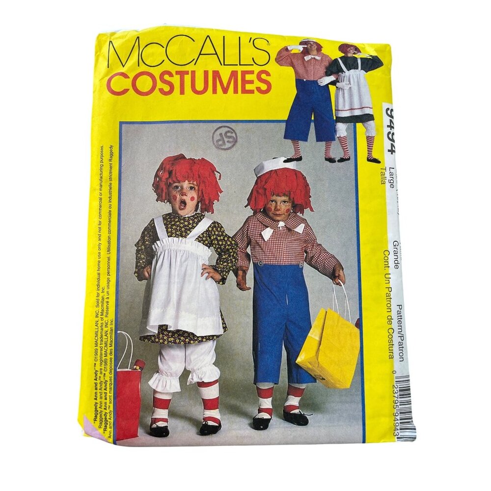 McCalls 9494 Sewing Pattern Size Large 40-42 Raggedy Ann and Andy Costumes UNCUT